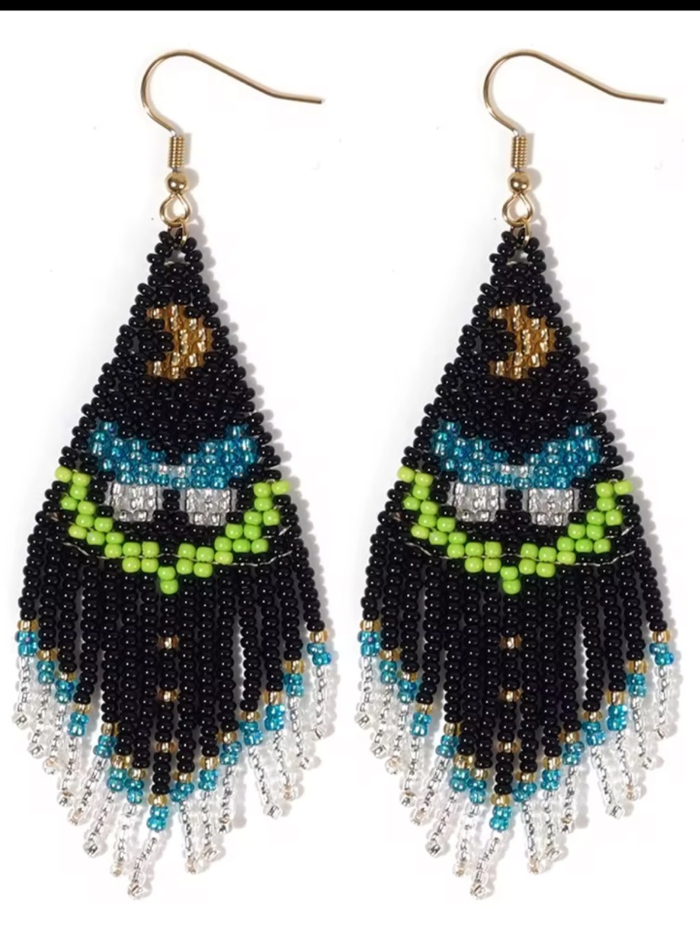 Handmade Black Beaded Fringe Earrings with Lime Accent